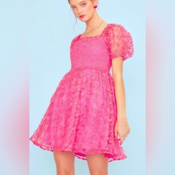 Dresses & Skirts - Babydoll Mini Dress Smocking Shirring Fuscia Size Small NWT